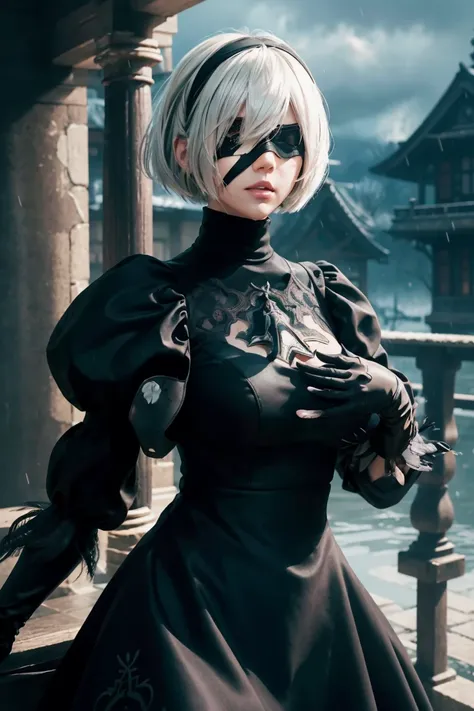 2B Nier Automata,Bobcut, Gray Hair,Long sleeve, Juliet Sleeve, White gloves, turtleneck, bangs, Feather ornament, Feather ornament sleeves, Blindfold, Black Goth Dress,Japanese Ultra HD,super high quality,masterpiece,Digital SLR,Photorealistic,Detailed det...