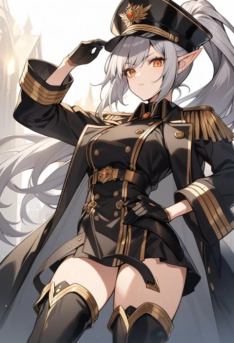 orange eyes,dark elf,grey hair,1lady,high ponytail, gold and black coat,jewelry,gold and black uniform,military hat,thigh boots,
