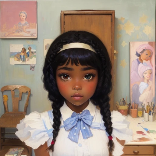 painting of a girl with braids and a bow in a room, inspired by Kadir Nelson, inspired by Margaret Keane, margaret keane style, african american girl, inspired by Betye Saar, inspired by Mark Ryden, girl with plaits, by Lois Mailou Jones, by Lily Delissa J...