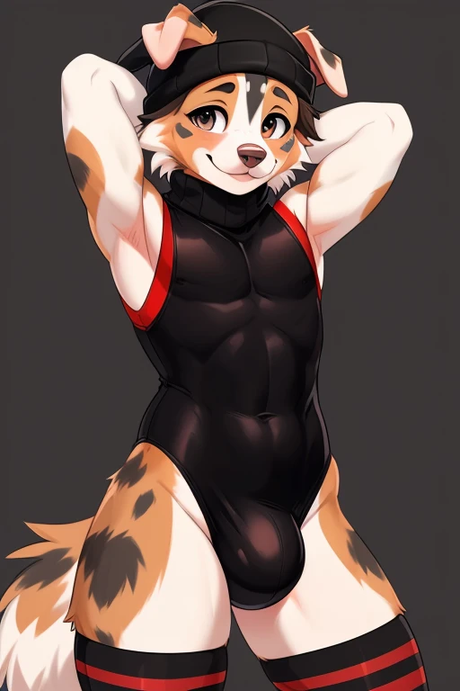 ((SFW)) ((18, cute, furry, Australian Shepherd dog boy femboy wearing a red sleeveless turtleneck leotard with a large bulge, black beanie, and black and red striped thigh-high socks, best quality)) ((hands behind head))