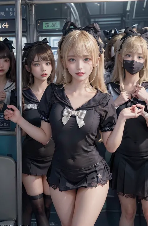 8K resolution, surreal, Super detailed, high quality, perfect anatomy, perfect proportion, masterpiece, 
((((((A group photo in crowded train at night, 6 girls, group photo)))))), 
(((((black face mask, sailor collar, sailor uniform, Lace, mini skirt, bow ...