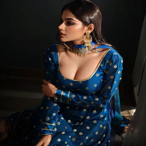 araffe woman in a blue dress posing for a picture, traditional beauty, indian, blue colored traditional wear, very sexy pose, in...