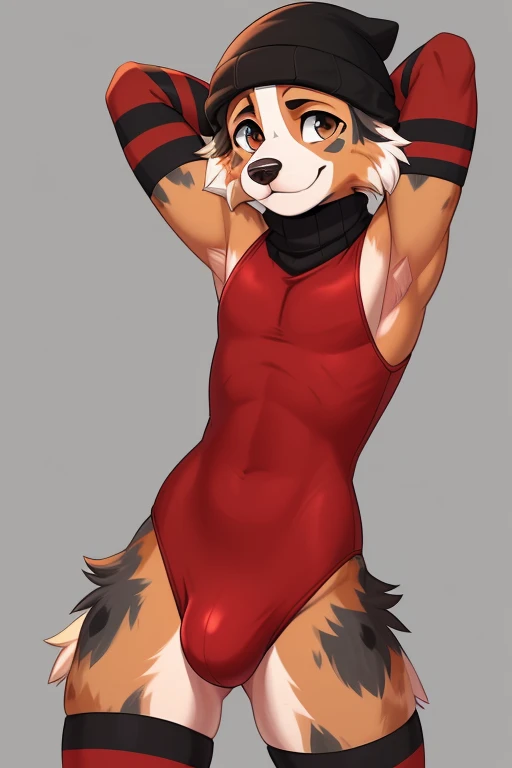 ((SFW)) ((18, cute, furry, Australian Shepherd dog boy femboy wearing a red sleeveless turtleneck leotard with a large bulge, black beanie, and black and red striped thigh-high socks, best quality)) ((hands behind head))