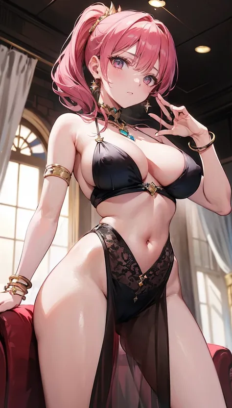 4K.high resolution,one woman,ผมpink,short ponytail,big tits,Hime,ชุดเดรสนักเต้นอาหรับpink,Navel expulsion,red gold bracelet,Gemstone Earrings,Jeweled clothing,queen&#39;s crown,Inside the palace, big breasts,Show your breasts,The cracks are clear...,((big ...