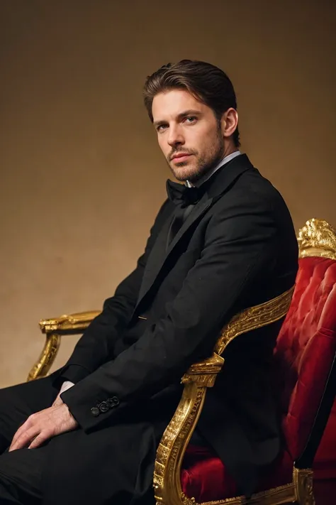 A wide shot, shot on a Leica camera, with dramatic shadowplay, gorgeous lighting, and subtle hues. Handsome men seated on a golden throne, masterfully portrayed.