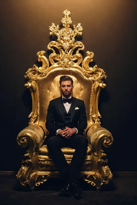 a wide shot, shot on a leica camera, with dramatic shadowplay, gorgeous lighting, and subtle hues. handsome men seated on a gold...