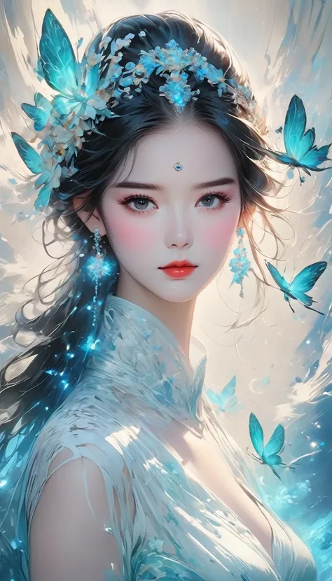 Monochrome Tiffany Blue, PAPERCUT, Highest quality, Super quality, 16K, Incredibly absurd, Very detailed, delicate and dynamic, A fusion of watercolor and oil painting, Mixing monochrome and color, Portrait of a pretty girl, Three-dimensional effect expres...