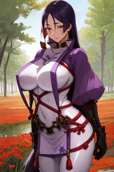 masterpiece, best quality, highres, hmmr1, minamoto no raikou (fate), high collar, gloves, japanese clothes, loincloth, (breast curtain:1.1), ribbed sleeves, rope, (bodysuit:1.2), standing, outdoors, field, flower, cowboy shot,