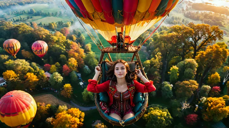 vibrant colors, (trees that reach the sky), stunning beautiful girl in air balloon, top down view, selfie