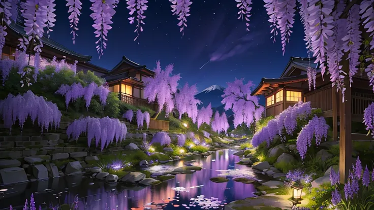 Wisteria flowers blooming at night, the background is the night sky and Mount Fuji in the distance, and all you can see are lots of wisteria flowers and a stream.