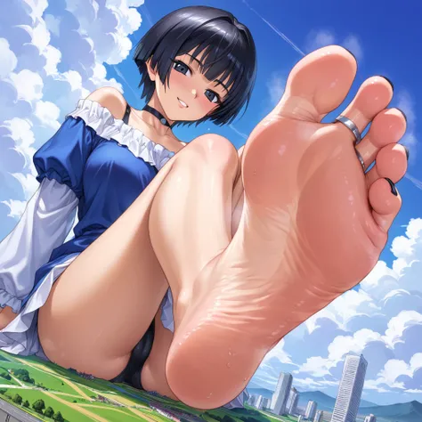 (90s anime style:1.4)、score_10, score_9_Excellent, score_8_Excellent, One Girl, Black Hair, Black Sky Eyes, short hair, Black Choker, macro Giant, throw, Crossing your legs, Feet Focus, Very detailed, 32k, Very detailed feet, Black nails, High Sole, Toe Ri...