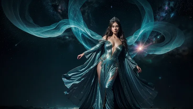 In a realm where galaxies collide and celestial clouds swirl, the ethereal enchantress Grace holds dominion. Her divine visage, framed by a halo of shimmering starlight tresses, radiates with the brilliance of a thousand cosmic furnaces. Graces hair, woven...