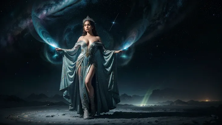 In a realm where galaxies collide and celestial clouds swirl, the ethereal enchantress Grace holds dominion. Her divine visage, framed by a halo of shimmering starlight tresses, radiates with the brilliance of a thousand cosmic furnaces. Graces hair, woven...