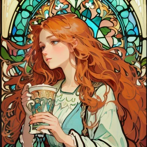 arafed woman holding a cup of coffee in front of a stained glass window, ginger. art nouveau, mucha style 4k, alphonse mucha style, in style of alphonse mucha, in an art nouveau style, raphaelite and alphonse mucha, in style of digital illustration, inspir...