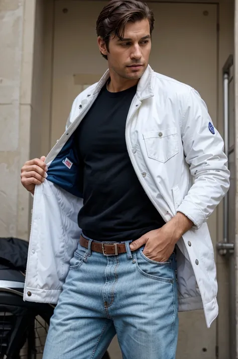 a man in a white jacket puts his hands in his jacket pockets