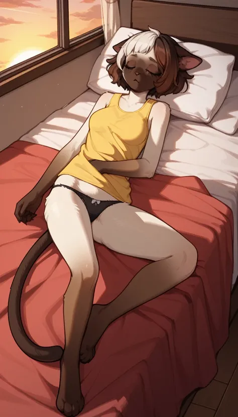 tired expression, 1girl, anthro, furry, fur, fluffy fur, siamese cat, cat girl, white hair (brown highlights), closed eyes, short hair, full body, (19 years), medium breast, thighs, solo, (bedroom), sunset, detailed, yellow shirt (sleeveless shirt), black ...