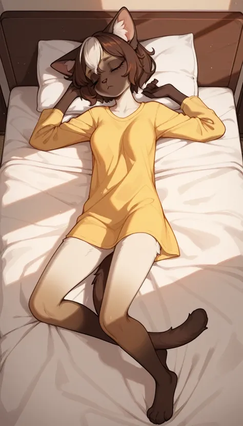 tired expression, 1girl, anthro, furry, fur, fluffy fur, siamese cat, cat girl, white hair (brown highlights), closed eyes, short hair, full body, (19 years), medium breast, thighs, solo, (bedroom), sunset, detailed, yellow shirt (oversize shirt), depresse...