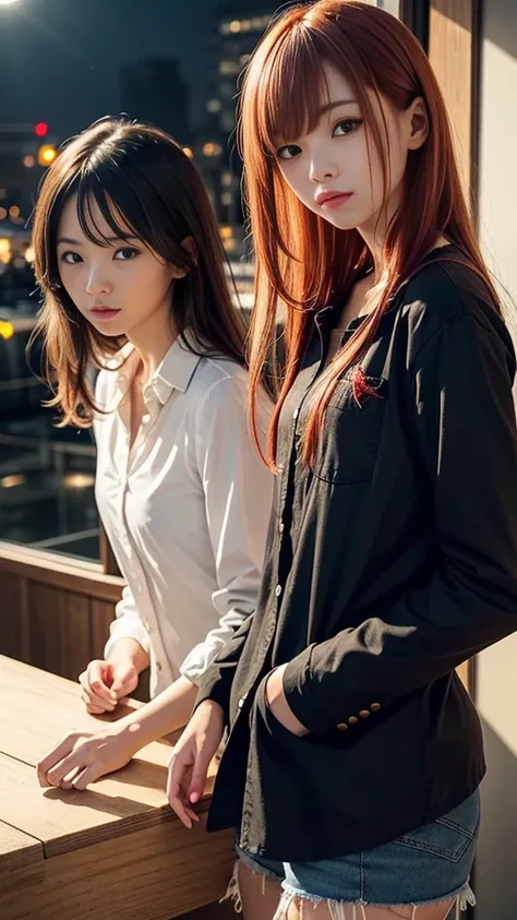 (Natural strawberry blonde and redhead girls with pretty faces), Cute pose, wearing a button shirt,  body, skinny, Atmospheric, Dark atmosphere, Edge lighting, Sayaka Yamamoto, Saito Asuka, Mao Akiyama&#39;s facial features, 8K, Full body portrait, Elegant...