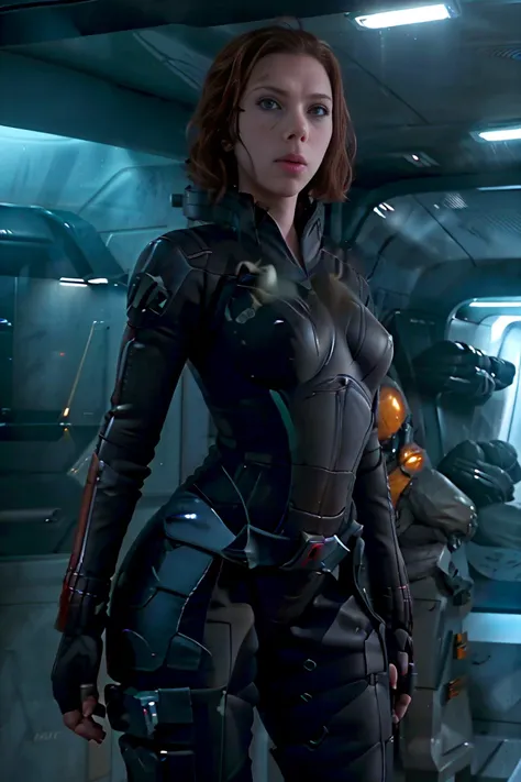 ((best quality)), ((masterpiece)), ((Scarlett Johansson)) (detailed), perfect face, playful 20 year old woman, Sensual pose. Inside a spaceship, wearing highly detailed futuristic skimpy mass effect armor, grandes senos, cintura pequeña, grandes caderas, d...