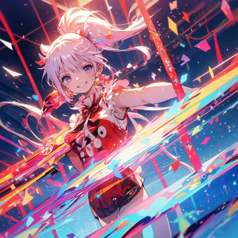 Red and white hair　Idol Floating notes in the sky　pendant　Shiny earrings　Flowing hair　Live stage　Bathed in light　Open your mouth　smile　Hold the microphone　Shining Aura　Shining　Crystal Eyes　Confetti　Particles of light