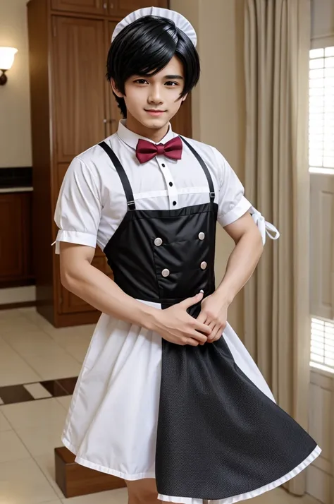 Effeminate boy in maid outfit +18 in anime style 