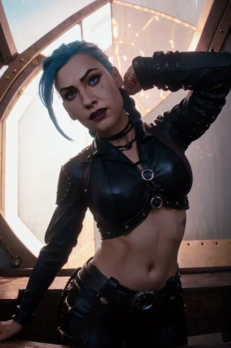 cinematic still image, Jinx League of Legends, dynamic pose, detailed face, bright blue hair, smirking expression, red lips, light blue contact lenses, heavy eye shadow, thick eyeliner, prominent blush, black leather suit, braided belts, metal accents, riv...