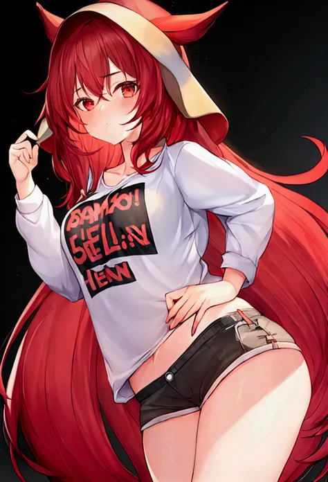 1 girl, short, redheadwear, very long and straight hair, big brown eyes, big-ass, smallbreast, wearing very short shorts and a shirt that reaches the chest with Harl written on it.(best 4k quality, vivid colors) 