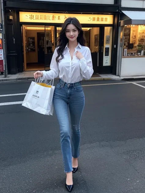 (((Full body image of a woman))), Instagram Model . Full body portrait of a fashion model, Glamour, Long black wavy hair, (((Bright Blue Eyes))), Mischievous Smile, Very detailed顔, Very fine grain. Large chest. ((Low rise jeans that fit snugly against the ...