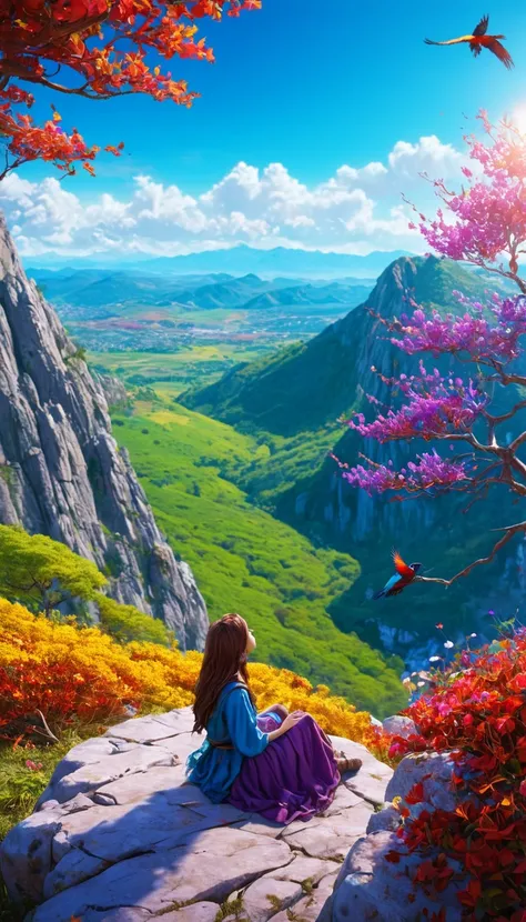 anime-style illustration, The image shows a young woman sitting watching overlooks the vast expanse of clear blue sky and underneath a large valley mountain, flower colorful color blue red green purple yellow, fantasy world medieval, rocks, tree branches, ...