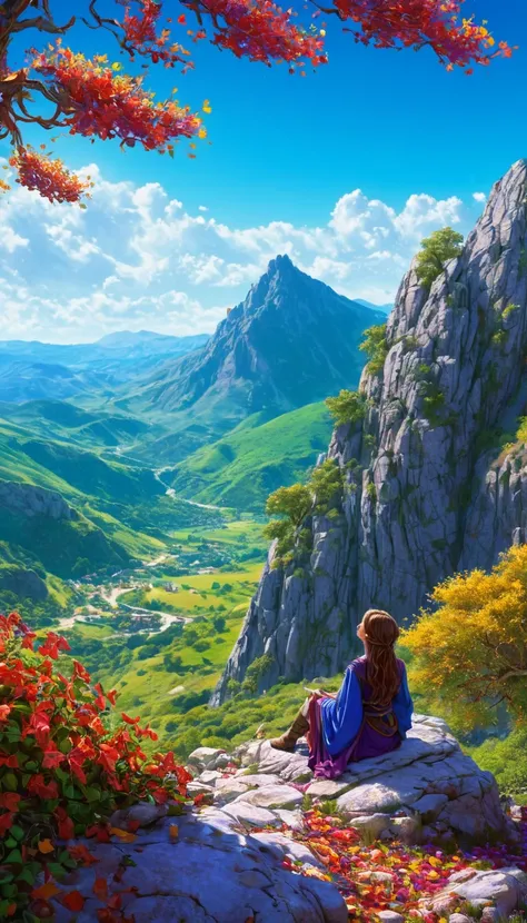 anime-style illustration, The image shows a young woman sitting watching overlooks the vast expanse of clear blue sky and underneath a large valley mountain, flower colorful color blue red green purple yellow, fantasy world medieval, rocks, tree branches, ...