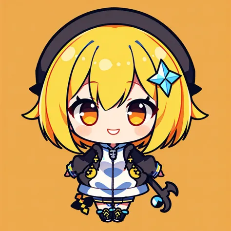 masterpiece, beautiful detailed, 1girl, Cartoon bones, chibi:1, Chibi, (Wearing zipper hoodie: 1.3), yellow Eyes, yellow hair, bob cut, medium breasts, hair ornament, hair intakes, ((smile)), Colorless solid background