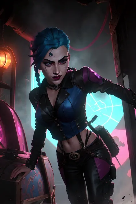 cinematic still image, Jinx League of Legends, dynamic pose, detailed face, bright blue hair, smirking expression, red lips, light blue contact lenses, heavy eye shadow, thick eyeliner, prominent blush, black leather suit, braided belts, metal accents, riv...