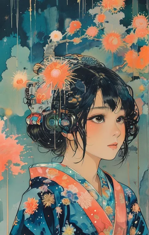 Microphotography, Anime girl made of glass in kimono silhouette, vibrant rainbow river, fireworks in night sky, colorful coral reefs, detailed illustration, Ukiyo-e style、colorful super photorealistic in life-size figures with oil painting sketch, Micropho...