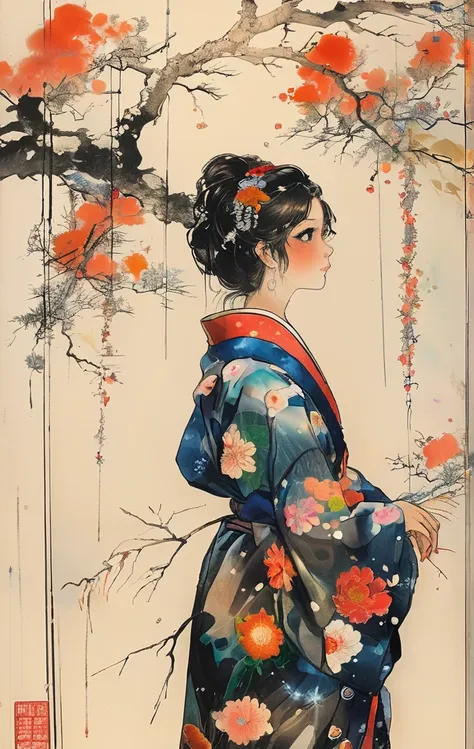 Microphotography, Anime girl made of glass in kimono silhouette, vibrant rainbow river, fireworks in night sky, colorful coral reefs, detailed illustration, Ukiyo-e style、colorful super photorealistic in life-size figures with oil painting sketch, Micropho...