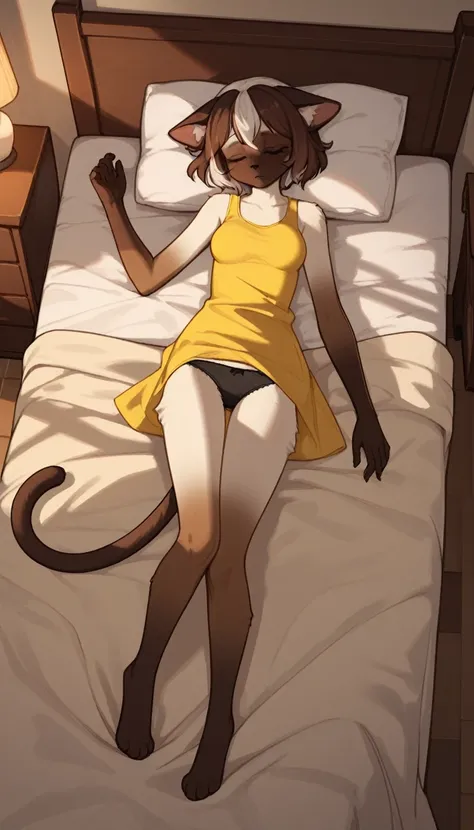 tired expression, 1girl, anthro, furry, fur, fluffy fur, siamese cat, cat girl, white hair (brown highlights), closed eyes, short hair, full body, (19 years), medium breast, thighs, solo, (bedroom), night, lunar light, detailed, yellow shirt (sleeveless sh...