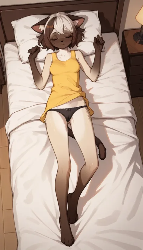 tired expression, 1girl, anthro, furry, fur, fluffy fur, siamese cat, cat girl, white hair (brown highlights), closed eyes, short hair, full body, (19 years), medium breast, thighs, solo, (bedroom), night, lunar light, detailed, yellow shirt (sleeveless sh...