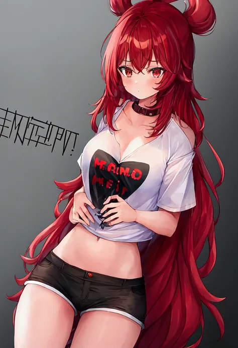 1 girl, short, redheadwear, very long and straight hair, big brown eyes, big-ass, smallbreast, wearing very short shorts and a shirt that reaches the chest with Harl written on it.(best 4k quality, vivid colors) 