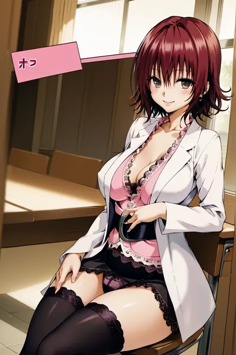 masterpiece, best quality, highres, aaryouko, short hair, cleavage, pink shirt, labcoat, belt, miniskirt, black skirt, black thighhighs, indoors, sitting, chair, smile, closed mouth,,(((lace panties))),huge breasts,open legs,spread legs