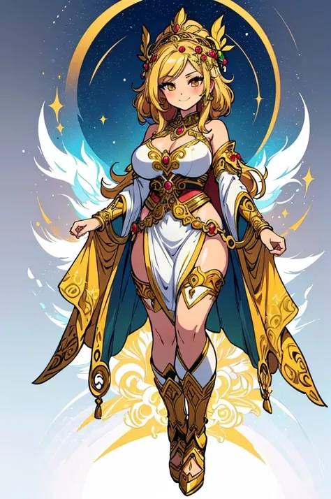 (masterpiece, best quality, high resolution, 1 girl (chibi)1 beautiful woman (big breasts) with a divine appearance, full body golden fantasy druid goddess clothes, jewelry and accessories, calm smile, golden colored druid goddess setro, ( white background...