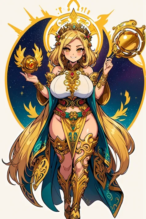 (masterpiece, best quality, high resolution, 1 girl (chibi)1 beautiful woman (big breasts) with a divine appearance, full body golden fantasy druid goddess clothes, jewelry and accessories, calm smile, golden colored druid goddess setro, ( white background...