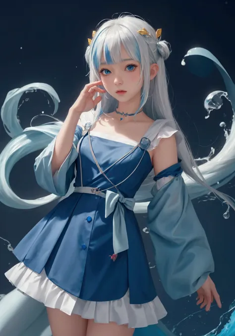 ultra-detailed, highly detailed, best quality, masterpiece, illustration, 
 a girl in a blue dress with white hair and blue eyes...