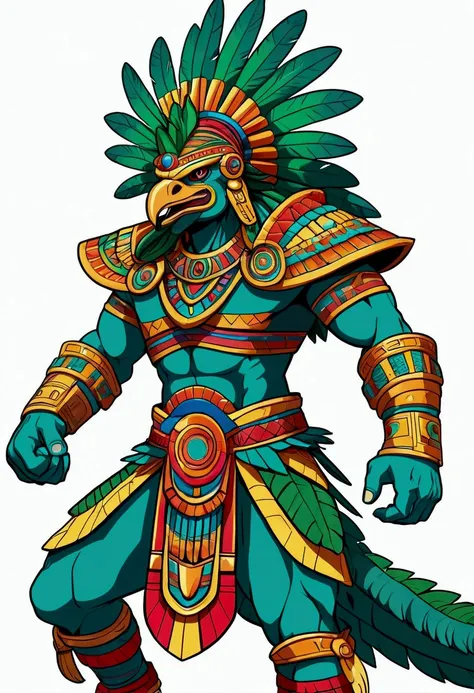 Medium shot, cel shading style, centered image, ultra detailed illustration of aztec warrior quetzalcoatl (tetradic colors), anime character, action packed, ink lines, strong contours, bold strokes, perfect features, perfect proportions, no frame, high con...