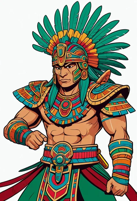 Medium shot, cel shading style, centered image, ultra detailed illustration of aztec warrior quetzalcoatl (tetradic colors), anime character, action packed, ink lines, strong contours, bold strokes, perfect features, perfect proportions, no frame, high con...