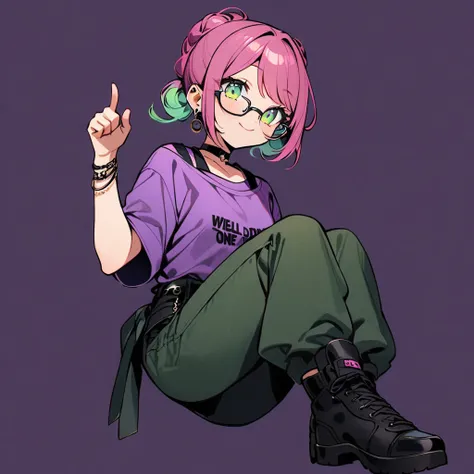 (well done: 1) one woman, dark pink hair with light green tips tied into two large double low buns, green eyes, earrings, glasses, black leather choker, purple t-shirt, dark green shorts, black sneakers