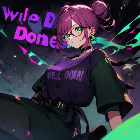 (well done: 1) one woman, dark pink hair with light green tips tied into two large double low buns, green eyes, earrings, glasses, black leather choker, purple t-shirt, dark green shorts, black sneakers