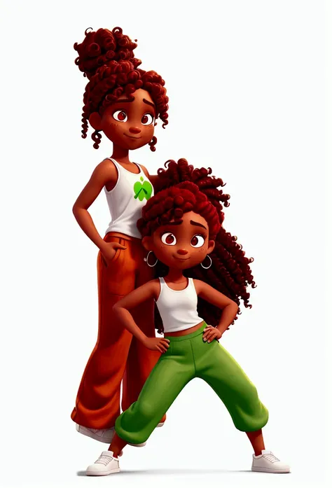   with black skin (maroon) and orange curly hair. Ponytail and loose side strands, Bangs that cover the eyes. wide nose. roupas de menino (green loose pants and white tank top). Represent her brave, in a fighting pose.