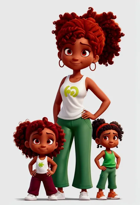   with black skin (maroon) and orange curly hair. Ponytail and loose side strands, Bangs that cover the eyes. wide nose. roupas de menino (green loose pants and white tank top). Represent her brave, in a fighting pose.