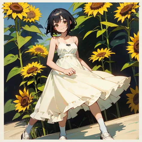 (high quality, High resolution, Very detailed, reality:1.37), Peaceful atmosphere, (Sunflower field), Teenage girl standing alone, (my breasts are big.), Beautiful details, Cute Smile, (Black bob hair), White camisole dress, White socks, loafers.