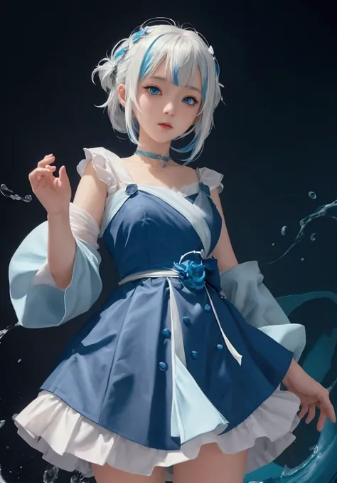 ultra-detailed, highly detailed, best quality, masterpiece, illustration, 
 a girl in a blue dress with white hair and blue eyes...