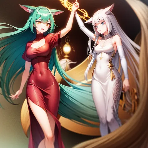 1woman, Beautiful, perfect anotomy, turquoise long hair, black scarlet eye, stature high, perfect face detail, queen wolf, god wolf, walking ice lake, fullmon, luciernagas, multiple sword around, good glowing, blushing, masterpiece, high quality, furry